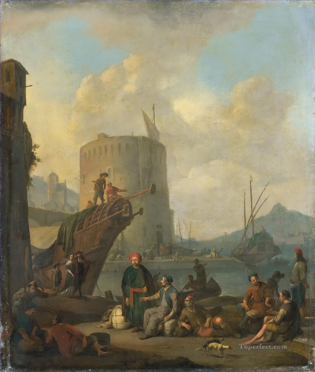 Johannes Lingelbach Italiaanse haven met vestingtoren war ships Oil Paintings